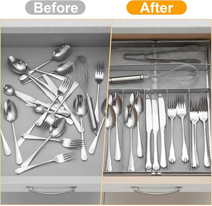 2 Pcs Utensil Drawer Silverware Organizer, Metal Mesh Expandable 13" ~24" Kitchen Drawer Organizer, 7-9 Slots Cutlery Tray Dividers for Kitchen Flatware Christmas Housewarming Gift (Sliver)