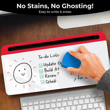 Chalkola Red/White Glass Desktop Whiteboard with Storage - Dry Erase Board, Work Desk Organizers, Computer Keyboard Stand, Home Office Desk Accessories, Workspace Desktop Buddy