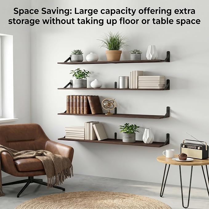 Long Wall Shelf,Large Floating Shelves for Wall,Wood Floating Bookshelves Hanging,Book Storage Display for Living Room Bedroom Office Bathroom Decor,4 Pack,47 Inch,Dark Brown