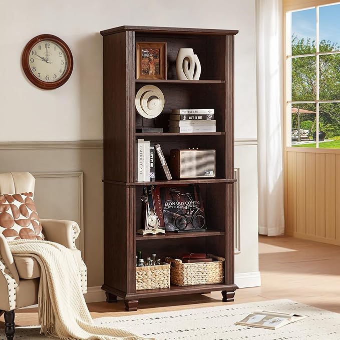 SAVOR LIFE 70" Tall Walnut Bookshelf,5 Tier Wooden Book Shelf with Adjustable Shelves & Wood Legs,Free Standing Farmhouse Bookcase with Open Display Storage,Vintage Bookshelves for Classroom, 3PCS