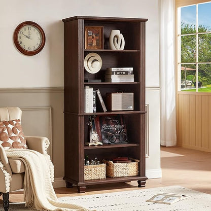 SAVOR LIFE 70" Tall Walnut Bookshelf,5 Tier Wooden Book Shelf with Adjustable Shelves & Wood Legs,Free Standing Farmhouse Bookcase with Open Display Storage,Vintage Bookshelves for Classroom, Office