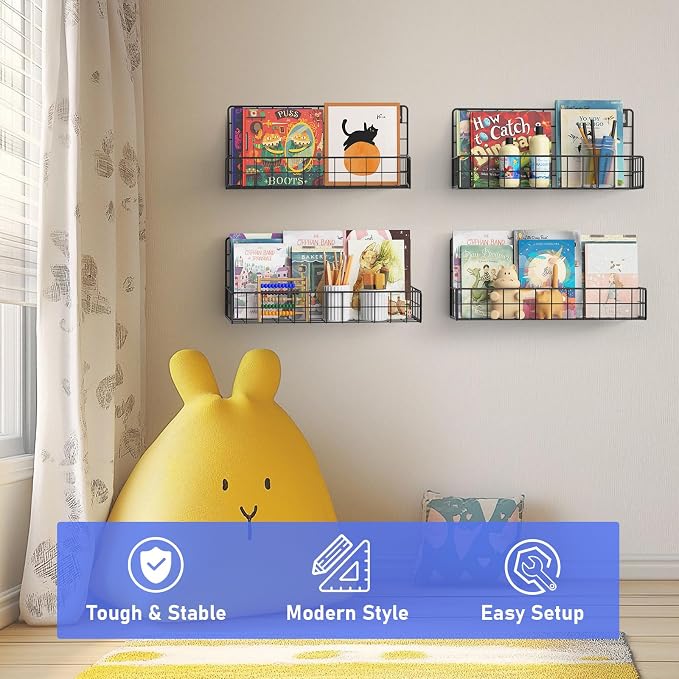 MFTEK Wall Mounted Metal Kids Bookshelf - Wall Book Shelf for Kids Rooms, Hanging Book Shelves Organizer for Room Decor, Nursery Classroom Home Floating Bookshelves Gloss Black 4 Pack