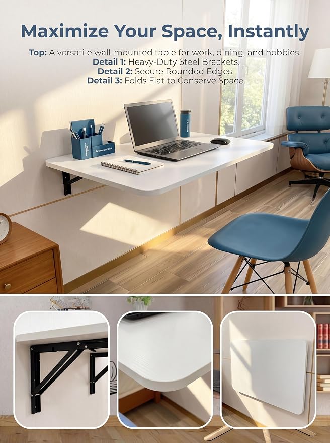 31 "x22.8 Wall Mounted Folding Table with Foldable Bracket, Suitable for Folding Tables on Balconies, Laundry Rooms, Kitchens, Home Offices, bedrooms, and Living Rooms (White)