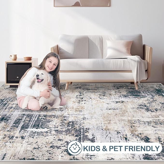 Area Rugs 8x10 Living Room: Washable Rug Modern Abstract Large Rugs Soft Non Slip Neutral Rug Stain Resistant Indoor Carpet for Bedroom Kitchen Dining Room Home Office Rugs(Black Brown,8'x10')