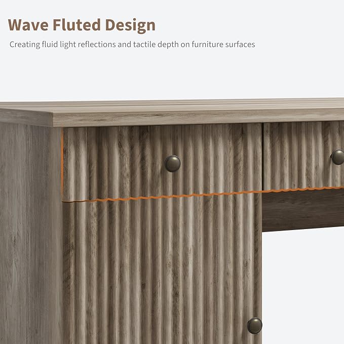 Garvee 60" Office Desk with Storage & Drawers, Fluted Wood Executive Desk with File Drawer & Charging Station, Modern Computer Desk with Adjustable Shelves for Home Office, Grey