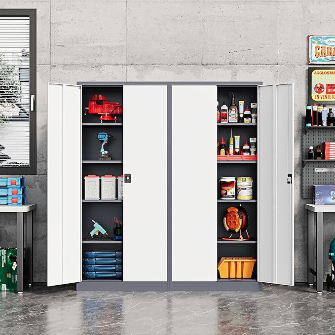 Fesbos Metal Storage Cabinet-72” Tall Steel File Cabinets with Lockable Doors and Adjustable Shelves-White&Gray Steel Storage Cabinet for Home Kitchen, Office, Garage