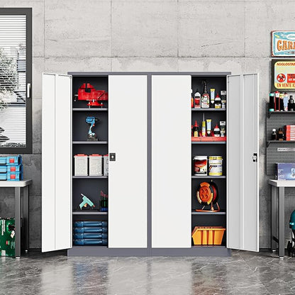 Fesbos Metal Storage Cabinet-72” Tall Steel File Cabinets with Lockable Doors and Adjustable Shelves-White&Gray Steel Storage Cabinet for Home Kitchen, Office, Garage