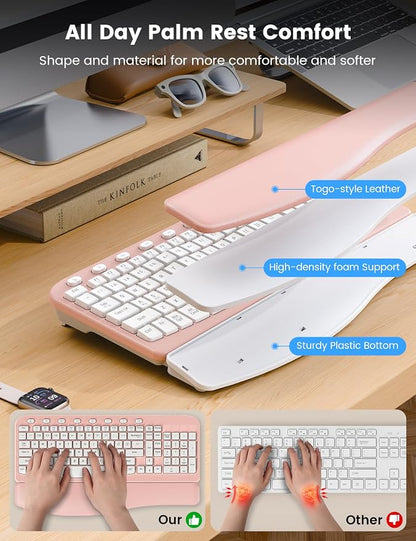 SABLUTE Wireless Keyboard and Mouse Combo, Ergonomic Wave Keys, Cushioned Plam Rest, Comfortable Silent Natural Typing, 2.4G Lag-Free, MA12 Full Size Keyboards Set for Multi-OS, Windows/Mac, Pink
