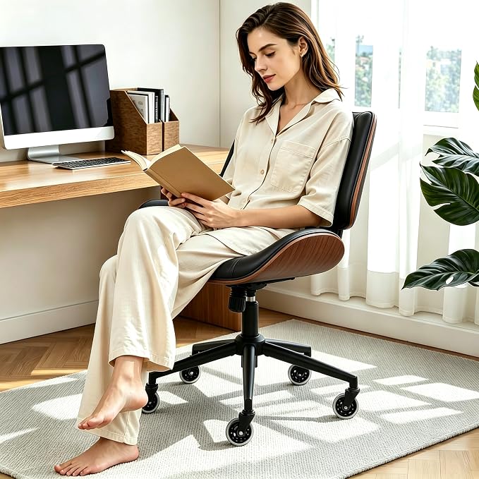 Armless Office Chair with Wheels, Ergonomic Leather Chair, Mid Back 360 Swivel Computer Chair, Modern Walnut Desk Chair for Small Space, Reading, Meeting Room, Black