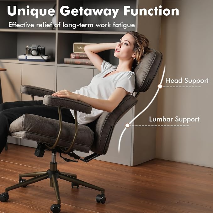 High Back Executive Office Chair with Comfortable Deep Seat,Grey Mid Century Modern Office Chair,Ergonomic Big and Tall Computer Desk Chairs with Lumbar Support(Grey Suede)