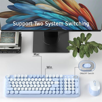 Wireless Keyboard and Mouse Combo, 2.4GHz USB Receiver, Plug and Play, Retro Full Size Typewriter Keyboard and Wireless Mouse for Computer, Laptop, Windows, Mac, and PC (Blue)