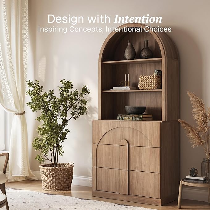 BELLEZE 71" Tall Storage Cabinet with 3 Drawers, Wooden Sideboard Buffet Cabinet with Hutch for Pantry and Kitchen Organizing, 5-Tier Modern Storage Unit for Living Room Home Office, Camel
