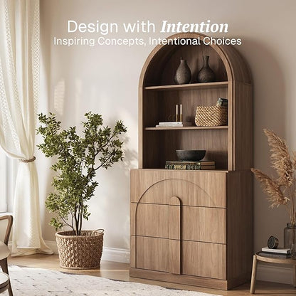 BELLEZE 71" Tall Storage Cabinet with 3 Drawers, Wooden Sideboard Buffet Cabinet with Hutch for Pantry and Kitchen Organizing, 5-Tier Modern Storage Unit for Living Room Home Office, Camel
