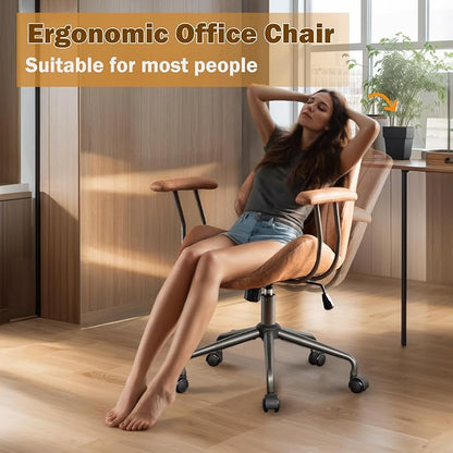 Home Office Chair,Ergonomic Computer Chair with Lumbar Support Adjustable Height,Mid-Century Modern Office Chair with Rolling Swivel Chair for Home Office Game Study(Suede Mid Back Chair,Light Brown)