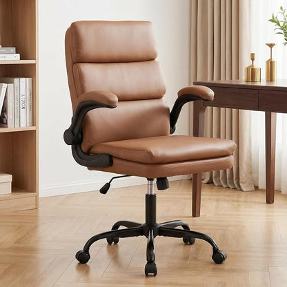 Mid Back Office Desk Chair,Leather Conference Room Chairs,Ergonomic Home Computer Chair,Modern Executive Chair with Padded Flip-up Armrest and Swivel Wheels (Brown)