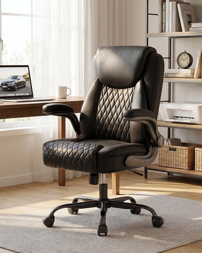 COMHOMA Mid-Back Office Chair, Ergonomic PU Desk Chair with Flip up Arms, Small Computer Gaming with Comfy Lumbar Support,Rocking Function,Sturdy Metal Base, Ink Black