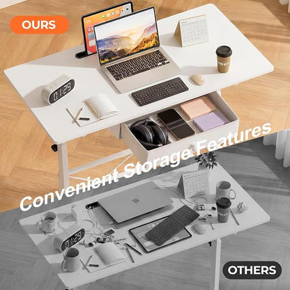 COMHOMA Small Standing Desk with Storage Drawer, Mobile Height Adjustable Rolling Sit Stand Desk with Lockable Wheels 4‑Level Portable Laptop Desk for Small Space Home Office Treadmill Workstation