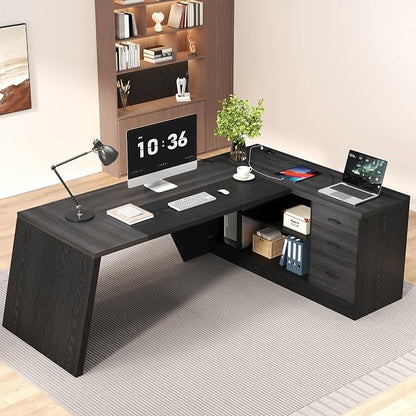 Epecoya 78 Inch L Shape Executive Desk, Large Modern Home Office Desk with Drawer and Cord Hold Management, Wooden Business Furniture for CEO Boss Manager, Black Gray
