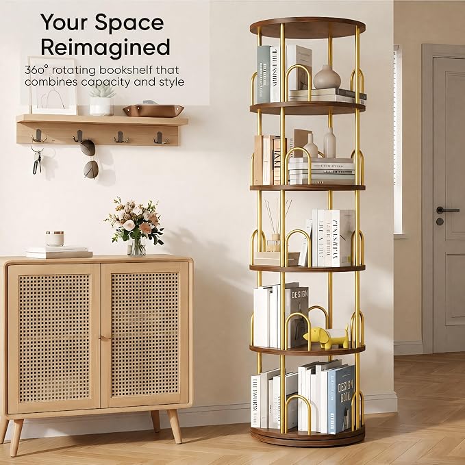 5-Tier Rotating Bookshelf, 360° Round Spinning Book Shelf Tower, Tall Skinny Wood & Metal Bookshelf for Corner/Office/Home, Modern Industrial Vintage Style