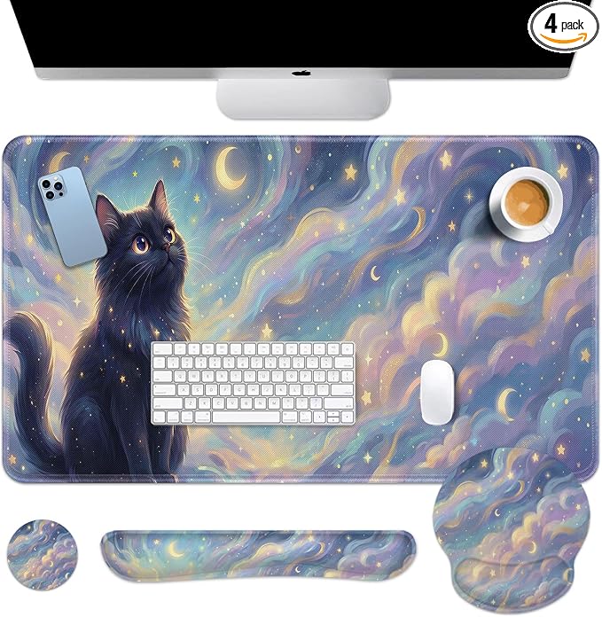 Britimes Starry Clouds Keyboard Mouse Pad Set Whimsical Cat 4in1 Large Mousepad+Keyboard Wrist Rest+Mouse Wrist Rest+Coaster Ergonomic Design for Home Office Computer 35.4x15.7 inches