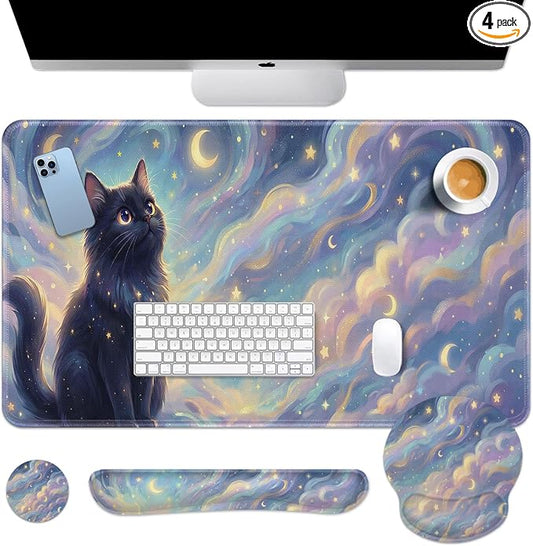 Britimes Starry Clouds Keyboard Mouse Pad Set Whimsical Cat 4in1 Large Mousepad+Keyboard Wrist Rest+Mouse Wrist Rest+Coaster Ergonomic Design for Home Office Computer 35.4x15.7 inches