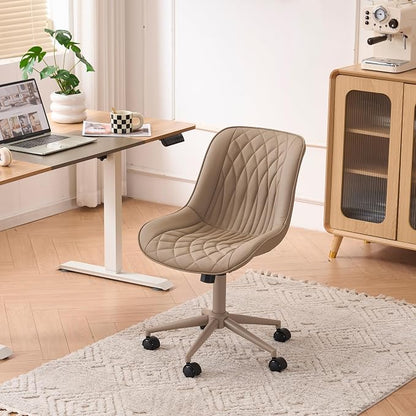 YOUNIKE Faux Leather Ergonomic Office Chair Armless Comfy Desk Chair with Rocking Back Cute Swivel Vanity Chair with Wheels Height Adjustable Small Computer Task Chair for Sewing Drafting Khaki