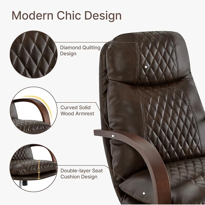 KISLOT Home Office Desk Chair, Ergonomic Office Chair with Lumbar Support, Adjustable Swivel Computer Chair with Wheels, Faux Leather Executive Task Chair with Wood Arms, Set of 2, Espresso