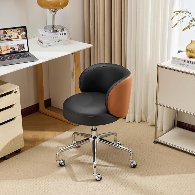 VINGLI Cute Small Swivel Desk Chair Comfy with Wheels,Ergonomic Low-Back Lumbar Support Vanity Nail Tech Rolling Task Stool Chair for Home Office,Height Adjustable,PU Leather Black&Suede Brown