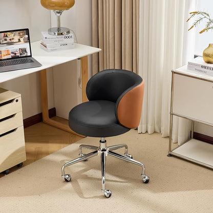 VINGLI Cute Small Swivel Desk Chair Comfy with Wheels,Ergonomic Low-Back Lumbar Support Vanity Nail Tech Rolling Task Stool Chair for Home Office,Height Adjustable,PU Leather Black&Suede Brown