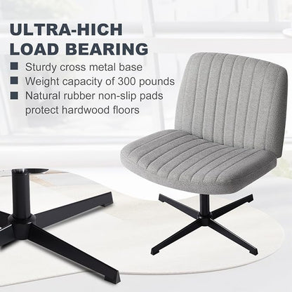 DUMOS Criss Cross Chair No Wheel Legged Office Wide Comfy Desk Vanity Chair, Armless Computer Task Seating PU Leather, Swivel Home Height Adjustable for Bedroom, Study, Grey No Wheel