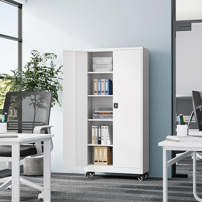 Fesbos Metal Rolling Storage Cabinet-74.6” Tall Steel File Cabinets with Wheels Lockable Doors and Adjustable Shelves-White Steel Storage Cabinet for Home, School, Office, Garage