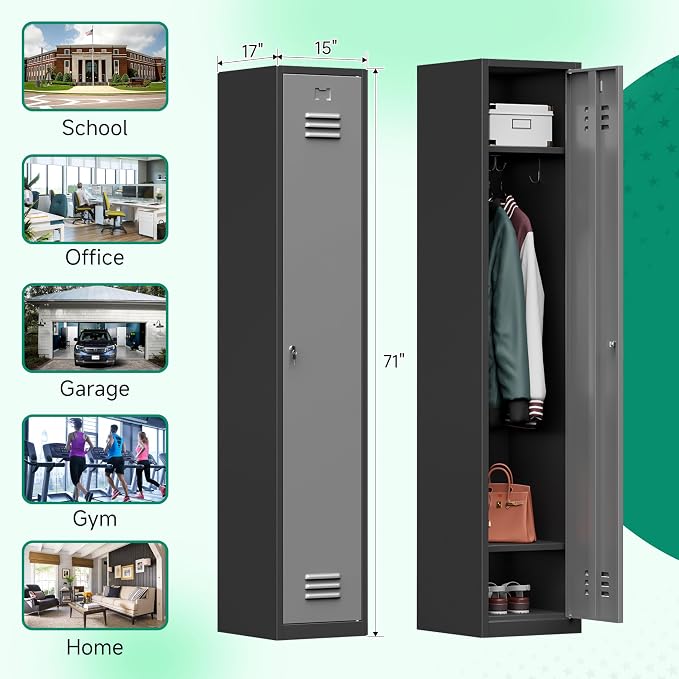 Metal Lockers for Employees,71" Metal Storage Cabinet with Lock,1 Door Steel Storage Locker Cabinet for Home,Gym,School,Office,Garage-Assembly Required(Black Gray)