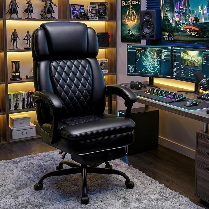 400lbs Executive Office Chair with Foot Rest for Heavy People, Ergonomic Big and Tall Desk Chair with Adjustable Headrest, High Back PU Leather Comfy Heavy Duty Computer Chair with Spring Cushion