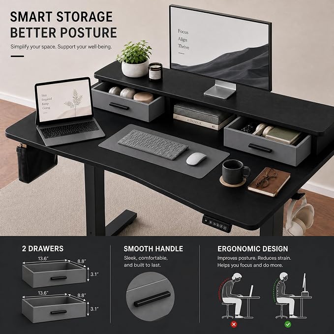 Grandder Electric Standing Desk with Two Drawers, Curved Desktop Sit to Stand Up Height Adjustable Desk with Storage Shelf for Home Office, 47 * 26 Inch, Ergonomic Adjustable Computer Desk, Black
