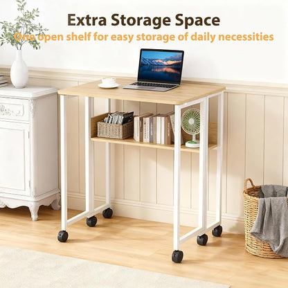 Garvee Folding Desk Small Rolling Desk with Storage Shelf,31.5 Inch Foldable Computer Table for Small Spaces, Space Saving Sofa Table with Wheels for Home Office, Study, Easy Assembly,