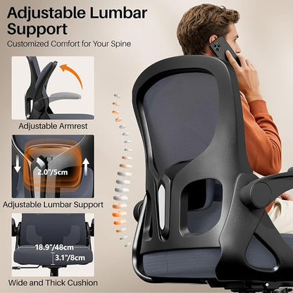 Office Chair Ergonomic Desk Chair, Adjustable Lumbar Support Rolling Swivel Comfy Chair with Space-Saving Flip Up Armrests, Mesh Gaming Chair for Business Work Office & Home, Dark Gray