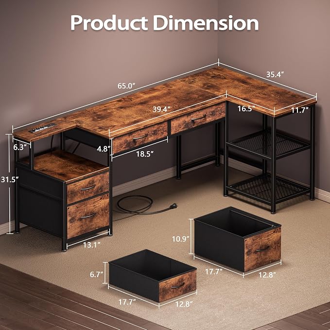 Korfile 65 Inch L Shaped Computer Desk with Power Outlets, Reversible Home Office Desk with 4 Fabric Drawers & 2 Adjustable Mesh Shelves, Corner Study Work Desk with Larger Storage, Rustic Brown