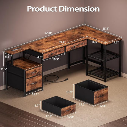 Korfile 65 Inch L Shaped Computer Desk with Power Outlets, Reversible Home Office Desk with 4 Fabric Drawers & 2 Adjustable Mesh Shelves, Corner Study Work Desk with Larger Storage, Rustic Brown