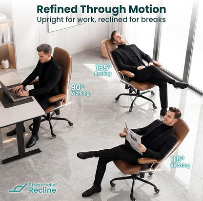 NEO CHAIR Ergonomic Leather Office Desk Chair with Adjustable Height Armrests High Back Lumbar Support Swivel Executive Computer Chair with Wheels Comfy Home Office Chair for Adults (Brown)