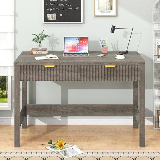 YOMILUVE Fluted Computer Desk with 2 Drawers, 39 Inch Small Computer Desk with Storage, Compact Writing Study Desk for Small Spaces, Gray