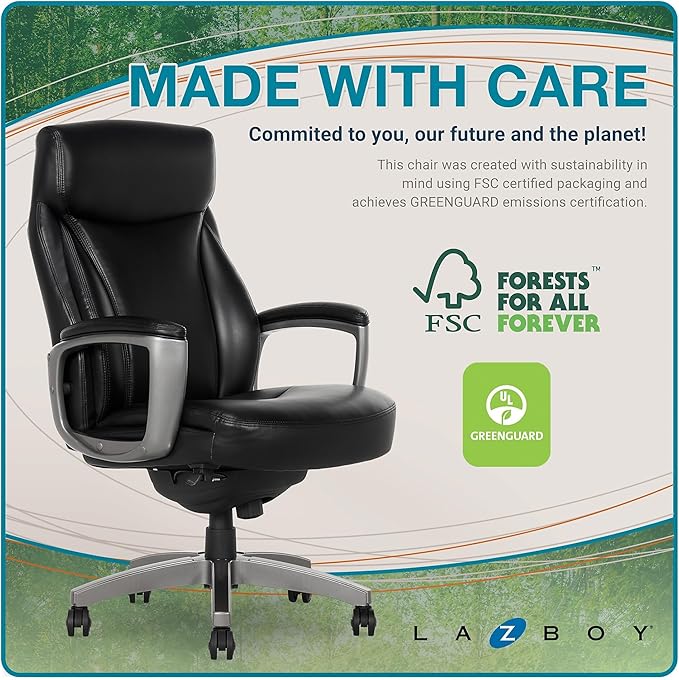 La-Z-Boy Arcadian Ergonomic Executive Chair, Bonded Leather, Black, 29.5D x 28W x 43.25-46.25H inches, 275 lbs Weight Capacity