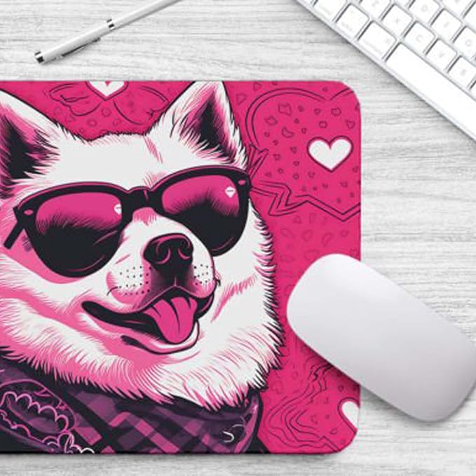 Pink Mousepad Glamour Dog Akita Mouse Pad for Home Office Gaming Working Desk Computer Desktop Accessories Non-Slip Rubber Mousepad for Dog Lovers