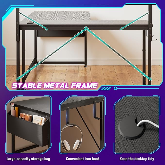 DurayLoly 53 Inch L Shaped Desk Gaming Desk with LED Light & 5 Power Outlet, Reversible Computer Desk with Shelf & Storage Bag Gamer Corner Desk with Headphone Hook for Gaming Room,Small Space,Black