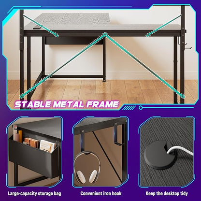 DurayLoly 53 Inch L Shaped Desk Gaming Desk with LED Light & 5 Power Outlet, Reversible Computer Desk with Shelf & Storage Bag Gamer Corner Desk with Headphone Hook for Gaming Room,Small Space,Black