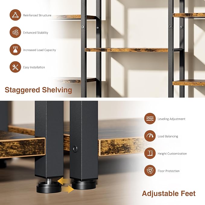Shintenchi Triple Column 6 Tier Bookshelf, Industrial Large Bookcase Display Shelves, Large Etagere Bookshelf,Wide Book Shelf Book Case for Home & Office, Rustic Brown