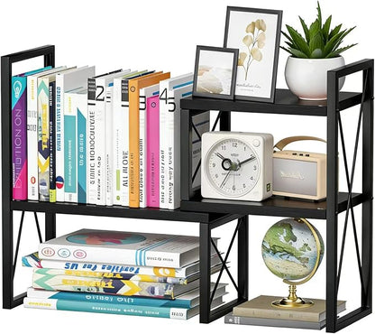 Expandable Desktop Shelf Organizer, 2 Tier Wood Desk Shelf for Office, Metal Corner Bookshelf, Countertop Storage Rack (Black)