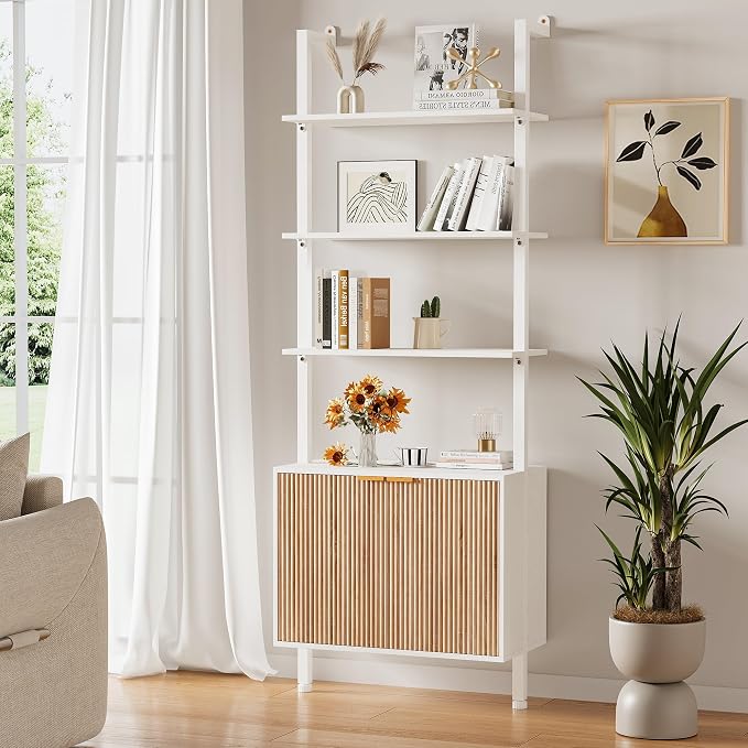 INNOD 74" Tall Bookshelf with Storage Cabinet, Modern Ladder Shelf with Wood and Metal Frame, Wall Mount Bookcase Open Display Shelf Furniture for Living Room, Bedroom, Home Office, White and Oak