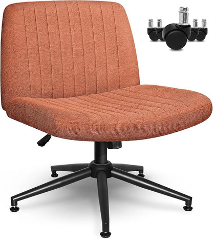 NEO CHAIR Criss Cross Chair with Wheels Armless Cross Legged Office Desk Wide Comfy Vanity Makeup Chair Adjustable Swivel Rolling Computer for Home Office Fabric (Brown)