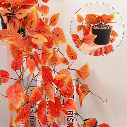Fake Fall Plants Hanging Faux Orange Vines Artificial Potted Pothos Plant- Fall Decorations Autumn Decor for Thanksgiving Bathroom Wall Kitchen Room Decor Indoor and Outdoor (Black Pot)