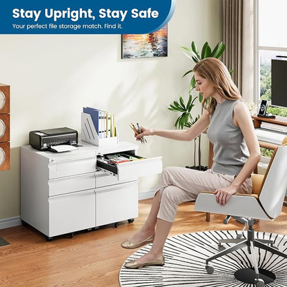 PEUKC 3 Drawers Mobile File Cabinet with Lock, Under Desk Rolling File Cabinet for Home Office, Organizes Letter Legal A4 Files, White(Assembly Required)